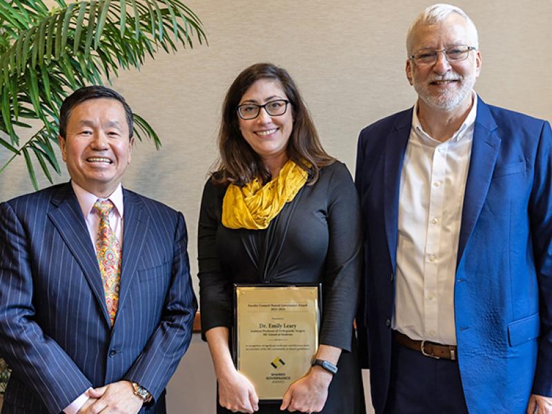 University of Missouri President Mun Choi, Assistant Professor Emily Leary and Faculty Council Chair Tom Warhover.