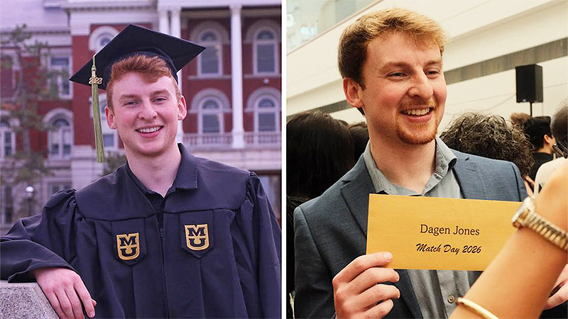 Dagen Jones at the 2022 College of Health Sciences commencement (left) and at the School of Medicine Match Day earlier this spring (right).