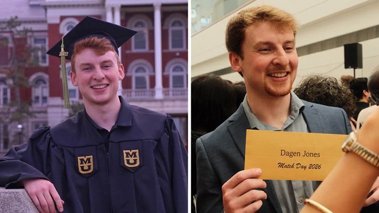 Dagen Jones at the 2022 College of Health Sciences commencement (left) and at the School of Medicine Match Day earlier this spring (right).