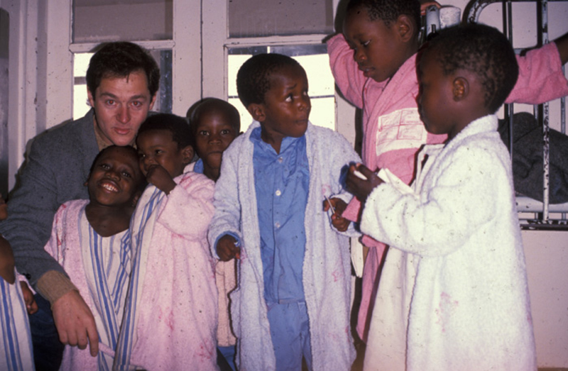 Dr. Anglen with a group of pediatric ward patients in 1988.
