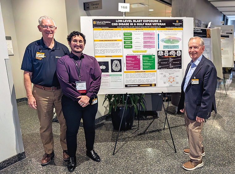 Jaxsen Ball, Stephen Brietzke, MD, and Charles W. Caldwell, PhD, MD, at Mizzou’s 2025 Health Sciences Research Day.