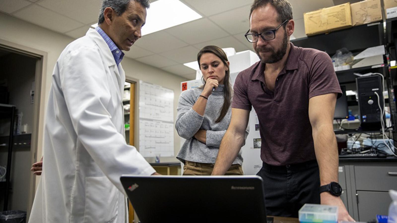 Dr. Martinez-Lemus, Dr. Padilla and collaborator look over data in the lab.