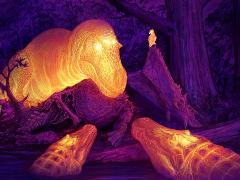 A graphic thermal image of a T. rex with its dorsotemporal fenestra glowing